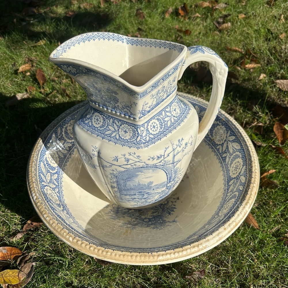Blue and White Ceramic Pitcher and Bowl Set